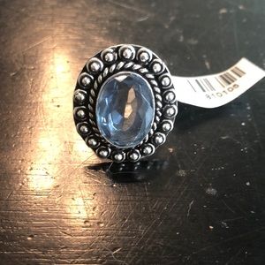 Aquamarine quartz ring in German silver. Approx 1in diameter ring. Size 6